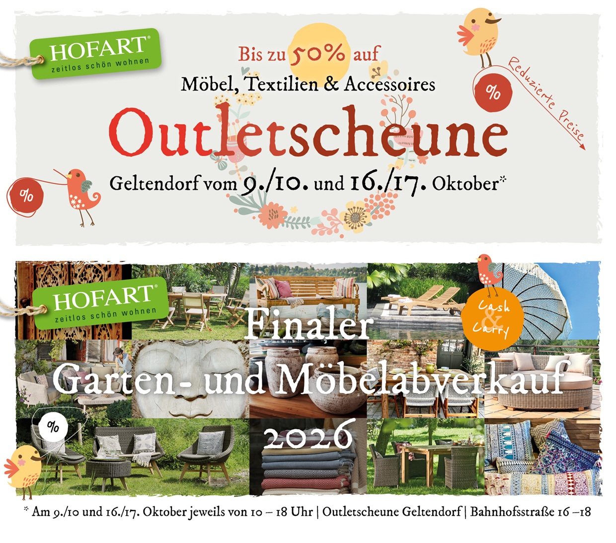Outletscheune Geltendorf – Garten- und Möbelabverkauf 9./10. und 17./18. Oktober 2026